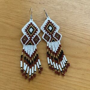 Handcrafted Beaded Earrings - White and Brown